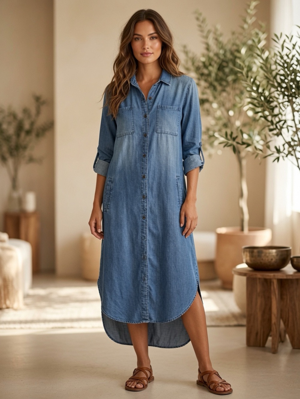 Wash Lab Denim Button-Front Shirt Dress in Light Blue Lyocell XS